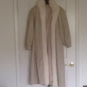 Fox fur trim beige leather full length coat